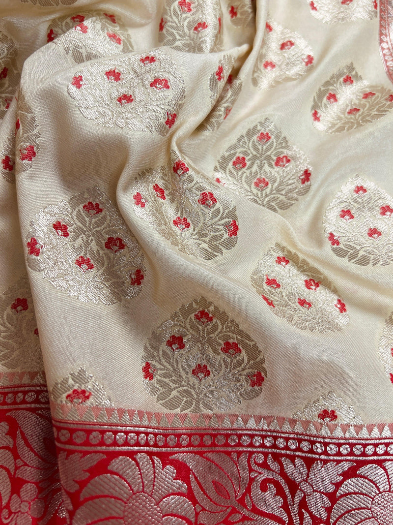 Ivory Cream and Red Banarasi Silk Saree with Floral design with wide border | Soft Silk Handloom | Banarasi Silk Sarees