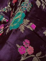 Statement Burgundy Wine Pure Satin Silk Saree with Handwoven Floral Meenakari Floral Jaal Weave | Silk Mark Certified | Satin Silk Sarees