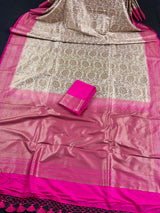 Off White with Pink Borders and Pallu Traditional Banarasi Silk Handloom Saree with Antique Zari Work | Floral Design Pattern