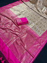 Off White with Pink Borders and Pallu Traditional Banarasi Silk Handloom Saree with Antique Zari Work | Floral Design Pattern