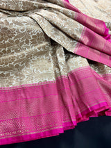 Off White with Pink Borders and Pallu Traditional Banarasi Silk Handloom Saree with Antique Zari Work | Floral Design Pattern