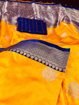 Mango Yellow and Blue Pure Katan Silk | Pure Silk Sarees | SILK MARK CERTIFIED - Kaash