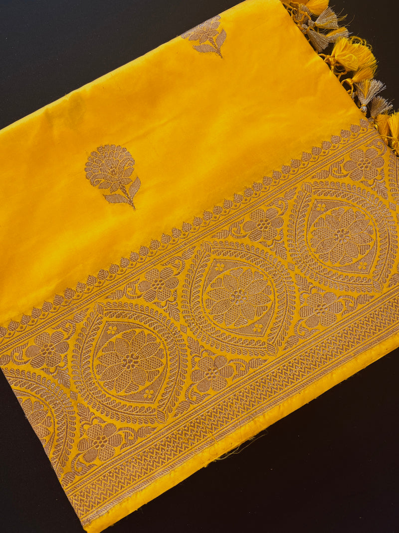Mango Yellow Pure Katan Silk Saree with Antique Copper Zari  | Pure Katan Silk Saree | SILK MARK CERTIFIED