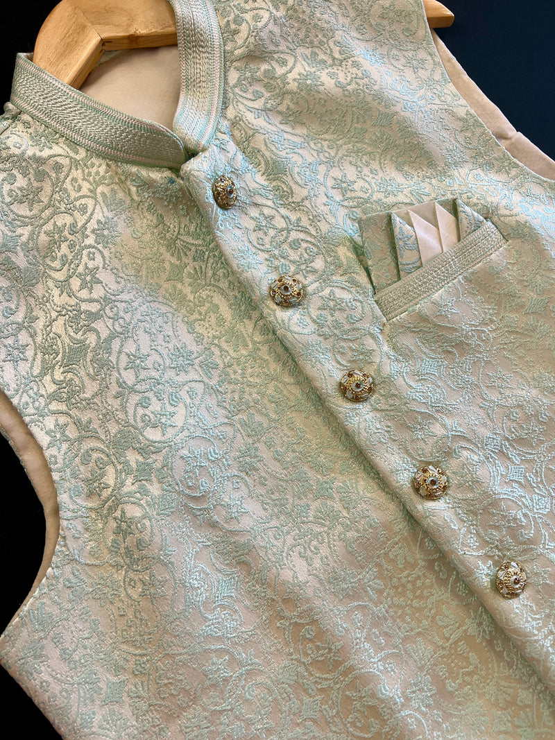 Pastel Designer Soft Jacquard Silk Sea Green Modi Nehru Jacket For Men | Waist Coat | Jacket for Kurta | Wedding Jackets for Kurta