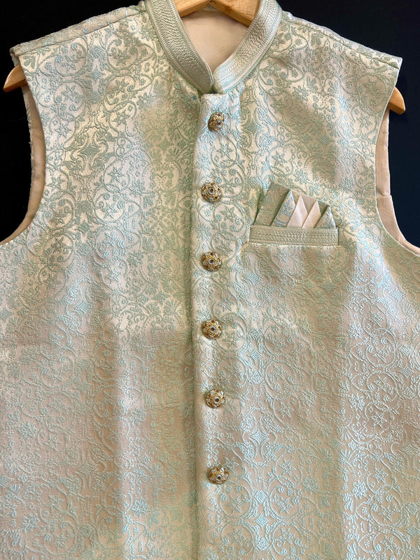 Pastel Designer Soft Jacquard Silk Sea Green Modi Nehru Jacket For Men | Waist Coat | Jacket for Kurta | Wedding Jackets for Kurta - Kaash