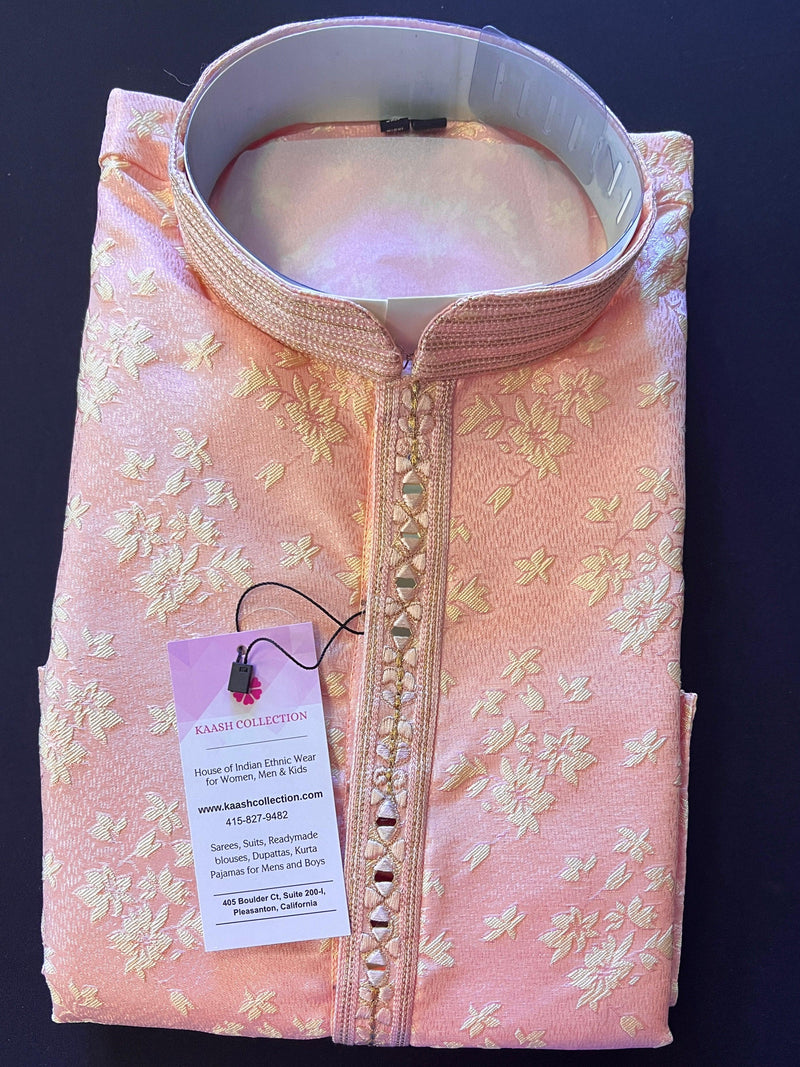 Baby Pink Kurta with Cream Color Floral Embossed Design | Sherwani Style Men Kurta Pajama Set | Indian Wedding Kurta | Kurtas for Men in USA - Kaash