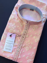 Baby Pink Kurta with Cream Color Floral Embossed Design | Sherwani Style Men Kurta Pajama Set | Indian Wedding Kurta | Kurtas for Men in USA - Kaash
