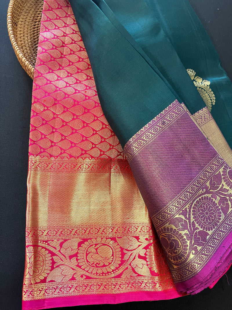 Bottle Green Pure Kanjivaram Silk Saree with Hot Pink | Kanchipuram Pure Silk Sarees | SILK MARK CERTIFIED