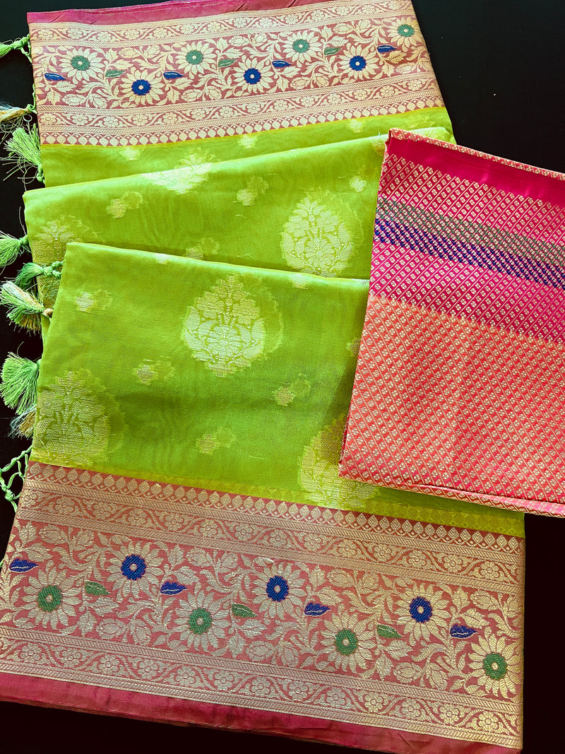 Parrot Green Banarasi Kora Organza Silk Handmade Saree with Meenakari Work | Paithani Style Borders| | Statement Sarees | Sarees for Gift