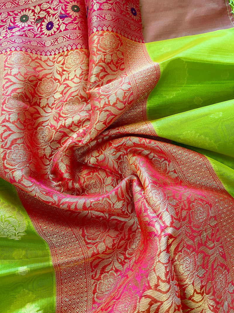 Parrot Green Banarasi Kora Organza Silk Handmade Saree with Meenakari Work | Paithani Style Borders| | Statement Sarees | Sarees for Gift