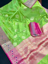 Parrot Green Banarasi Kora Organza Silk Handmade Saree with Meenakari Work | Paithani Style Borders| | Statement Sarees | Sarees for Gift