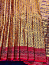Mustard Gold Pure Banarasi Jamawar Tanchoi Saree with Red Borders and Pallu | Silk Mark Certified | Handwoven Saree
