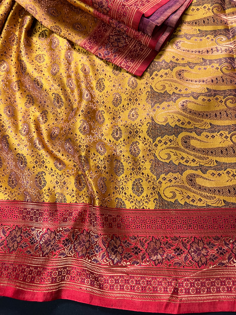 Mustard Gold Pure Banarasi Jamawar Tanchoi Saree with Red Borders and Pallu | Silk Mark Certified | Handwoven Saree