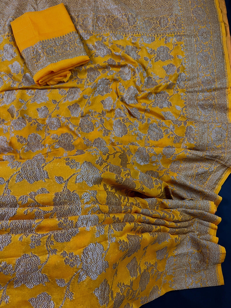 Mango Yellow Color Pure Khaddi Georgette Banarasi Silk Saree with Antique Zari Weave | Yellow Color Saree | SILK MARK CERTIFIED - Kaash