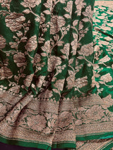 Green Color Pure Khaddi Georgette Banarasi Silk Saree with Antique Zari Weave | Green Color Saree | SILK MARK CERTIFIED