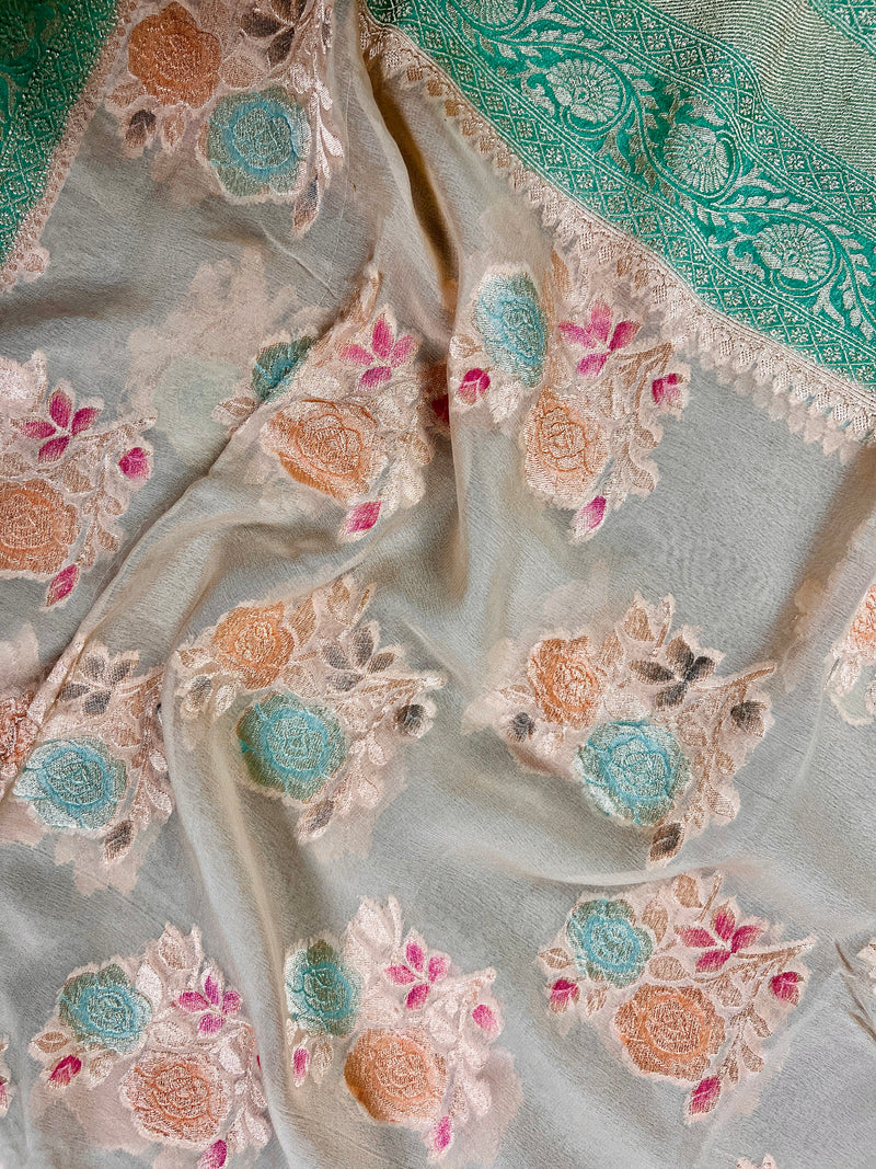 Cream Beige Pure Khaddi Georgette Silk Saree with Sea Green Borders and Pallu | Brush Paint | Handwoven Saree | SILK MARK CERTIFIED