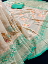 Cream Beige Pure Khaddi Georgette Silk Saree with Sea Green Borders and Pallu | Brush Paint | Handwoven Saree | SILK MARK CERTIFIED