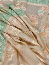 Cream Beige Pure Khaddi Georgette Silk Saree with Sea Green Borders and Pallu | Brush Paint | Handwoven Saree | SILK MARK CERTIFIED
