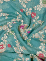 Pure Khaddi Georgette Banarasi Silk Saree in Sea Green with Muted Gold Water Zari | Floral Meenakari Jaal Silk Sari | SILK MARK CERTIFIED