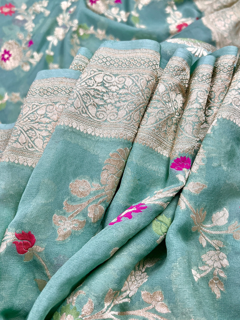 Pure Khaddi Georgette Banarasi Silk Saree in Sea Green with Muted Gold Water Zari | Floral Meenakari Jaal Silk Sari | SILK MARK CERTIFIED