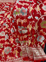 Red Pure Georgette Silk Saree with Water Zari and Brush Paint | Floral Jaal Saree | SILK MARK CERTIFIED