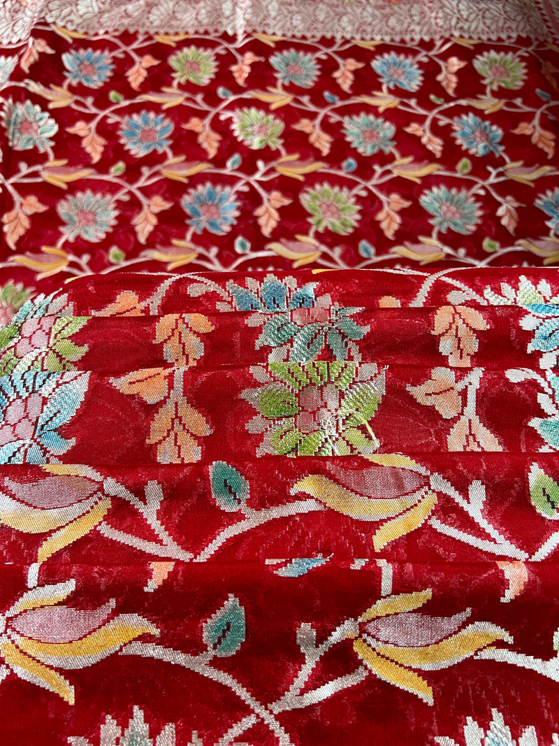 Red Pure Georgette Silk Saree with Water Zari and Brush Paint | Floral Jaal Saree | SILK MARK CERTIFIED