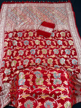 Red Pure Georgette Silk Saree with Water Zari and Brush Paint | Floral Jaal Saree | SILK MARK CERTIFIED