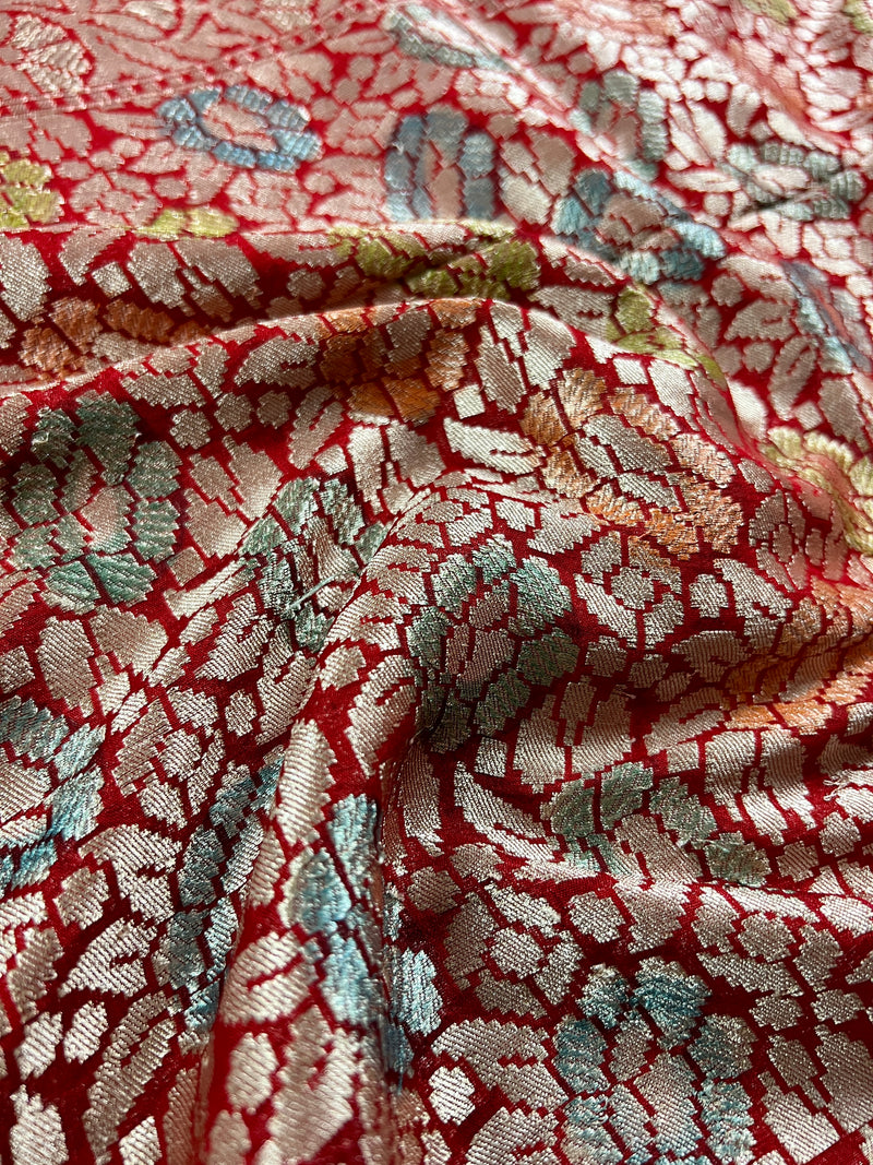 Red Pure Georgette Silk Saree with Water Zari and Brush Paint | Floral Jaal Saree | SILK MARK CERTIFIED