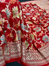 Red Pure Georgette Silk Saree with Water Zari and Brush Paint | Floral Jaal Saree | SILK MARK CERTIFIED
