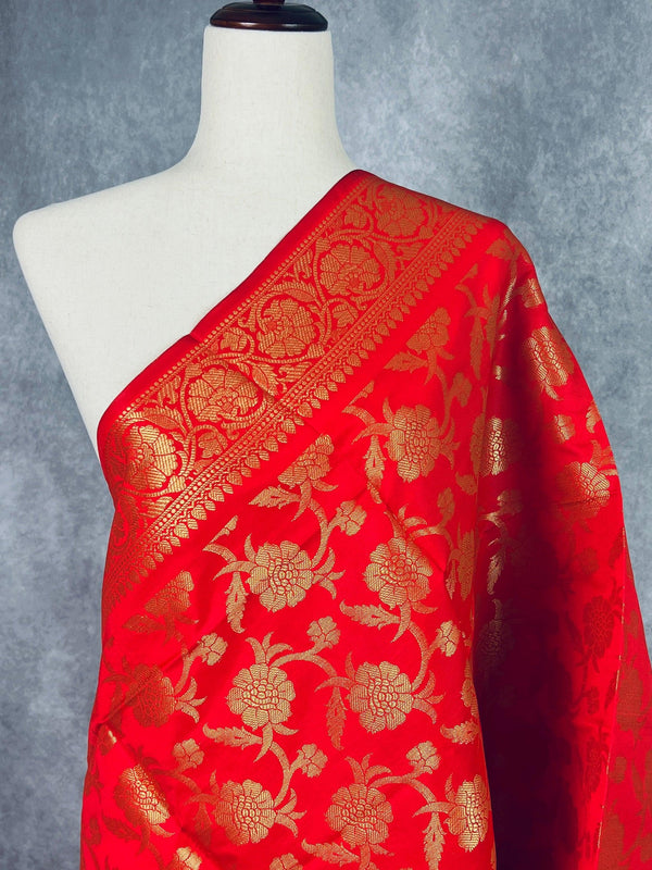 Red Color Soft Silk floral Banarasi Dupatta with Gold Zari Weaving | Handmade Dupattas | Banarasi Soft Silk Dupattas | Dupatta for Lehenga - Kaash