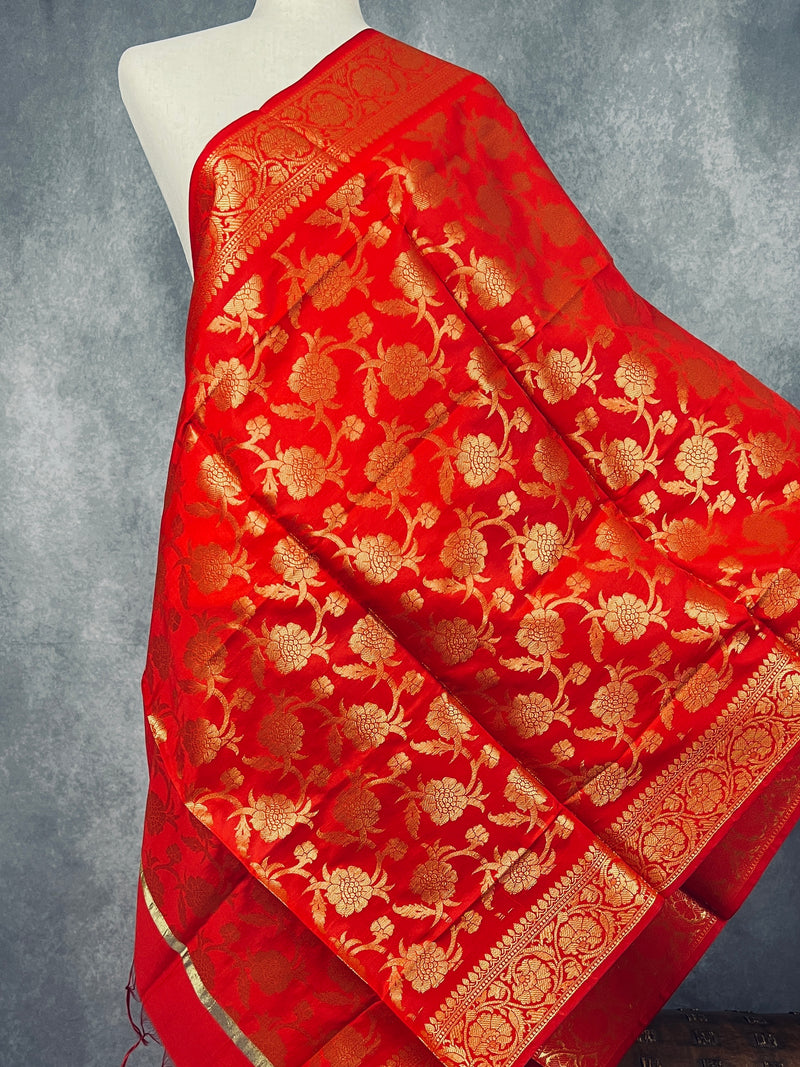 Red Color Soft Silk floral Banarasi Dupatta with Gold Zari Weaving | Handmade Dupattas | Banarasi Soft Silk Dupattas | Dupatta for Lehenga