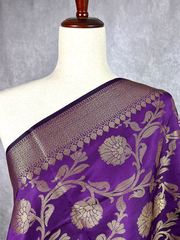 Eggplant Purple Floral Jaal Muted Gold Zari Weaved Dupatta | Floral Silk Dupatta | Zari Work | Dupatta | Stole | Scarf | Dupattas for Gifts