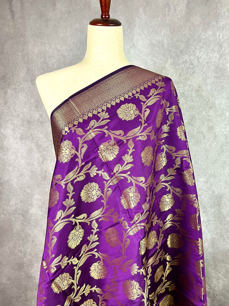Eggplant Purple Floral Jaal Muted Gold Zari Weaved Dupatta | Floral Silk Dupatta | Zari Work | Dupatta | Stole | Scarf | Dupattas for Gifts
