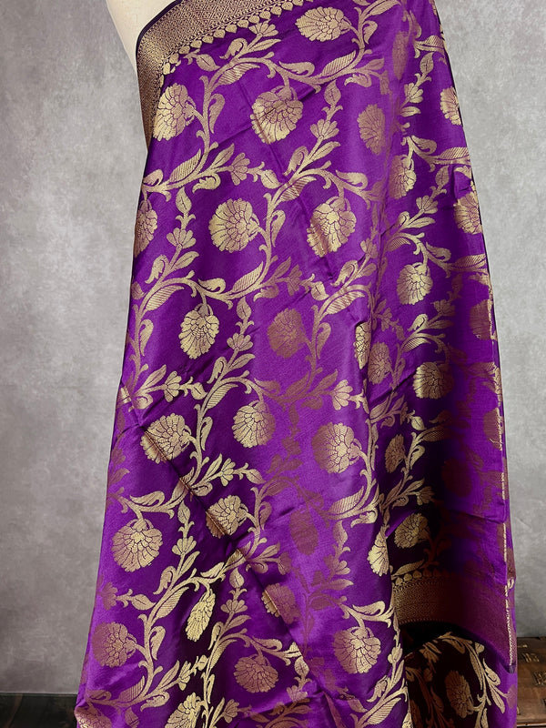 Eggplant Purple Floral Jaal Muted Gold Zari Weaved Dupatta | Floral Silk Dupatta | Zari Work | Dupatta | Stole | Scarf | Dupattas for Gifts