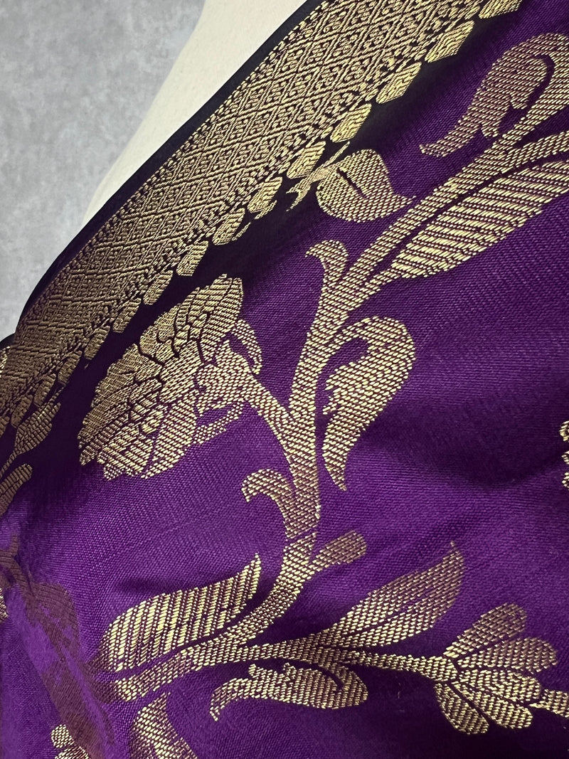 Eggplant Purple Floral Jaal Muted Gold Zari Weaved Dupatta | Floral Silk Dupatta | Zari Work | Dupatta | Stole | Scarf | Dupattas for Gifts