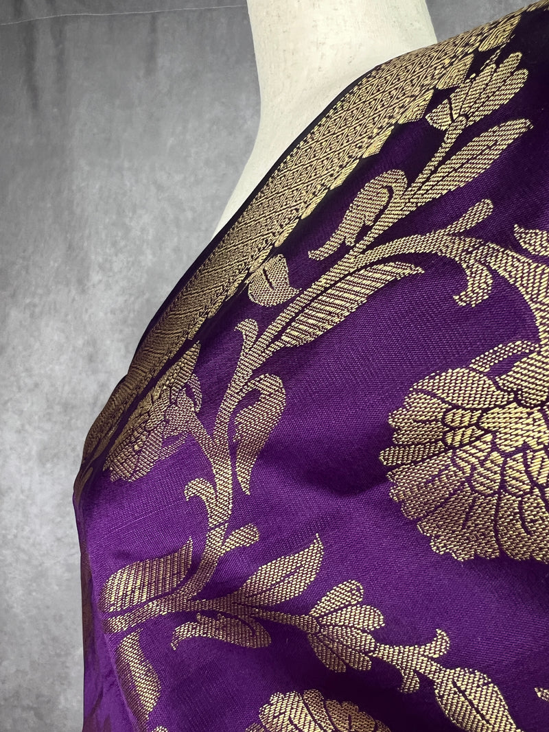 Eggplant Purple Floral Jaal Muted Gold Zari Weaved Dupatta | Floral Silk Dupatta | Zari Work | Dupatta | Stole | Scarf | Dupattas for Gifts