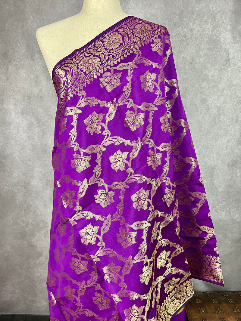 Purple Color Floral Jaal Muted Gold Zari Weaved Dupatta  | Floral Silk Dupatta | Zari Work | Dupatta | Stole | Scarf | Dupattas for Gifts