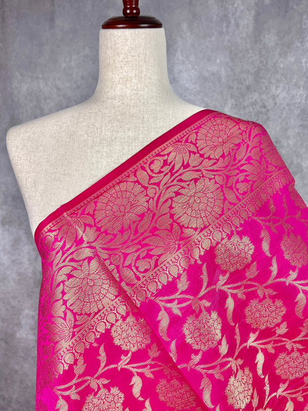 Hot Pink Semi Silk floral Jaal Dupatta with Gold Zari Weaving | Indian Dupatta | Chunri | Stole | Scarf | Gift For Her | Dupatta for Lehenga