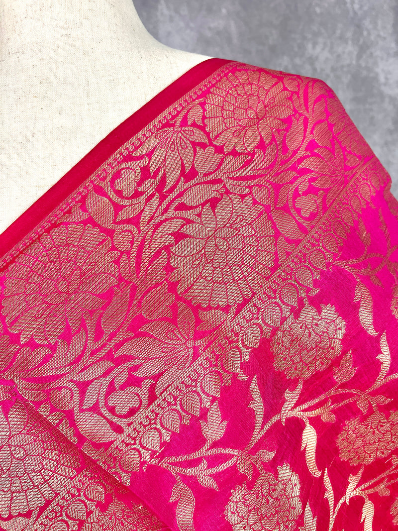 Hot Pink Semi Silk floral Jaal Dupatta with Gold Zari Weaving | Indian Dupatta | Chunri | Stole | Scarf | Gift For Her | Dupatta for Lehenga