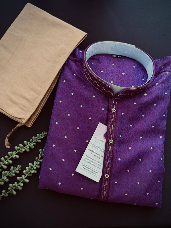 Purple Eggplant Color Men Kurta Pajama | Self Design embroidery Style with Zari Weave buttis | Mens Ethnic Wear | Wedding Wear for Men