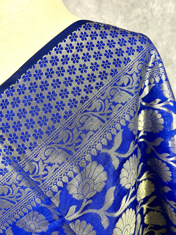 Royal Blue Semi Silk floral Jaal Dupatta with Muted Gold Zari Weaving | Indian Dupatta | Stole | Scarf | Gift For Her | Dupatta for Lehenga