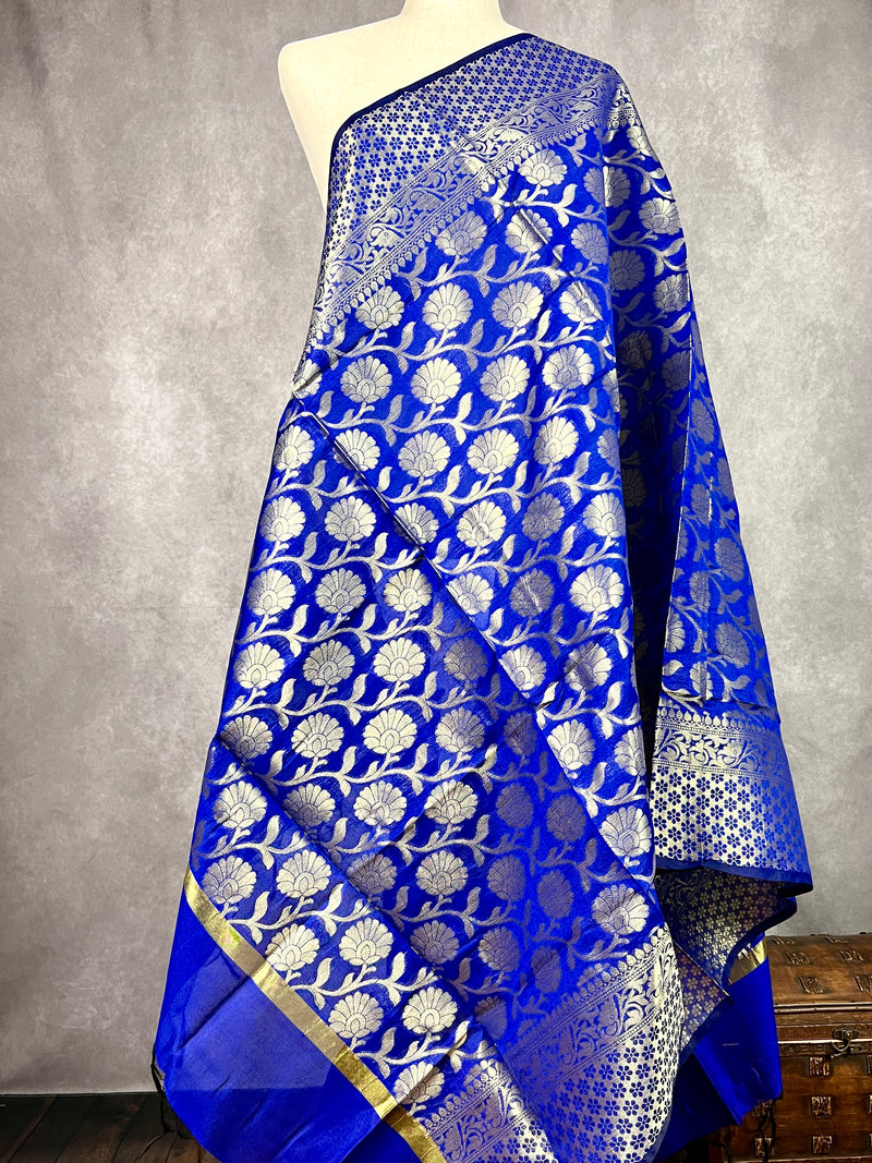 Royal Blue Semi Silk floral Jaal Dupatta with Muted Gold Zari Weaving | Indian Dupatta | Stole | Scarf | Gift For Her | Dupatta for Lehenga