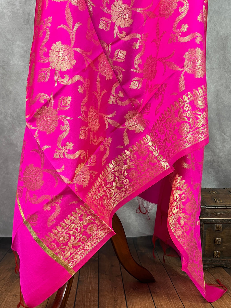 Hot Pink Silk Jaal floral Dupatta Gold Zari Weaving | Indian Dupatta | Chunri | Stole | Scarf | Gift For Her | Dupatta for Lehenga