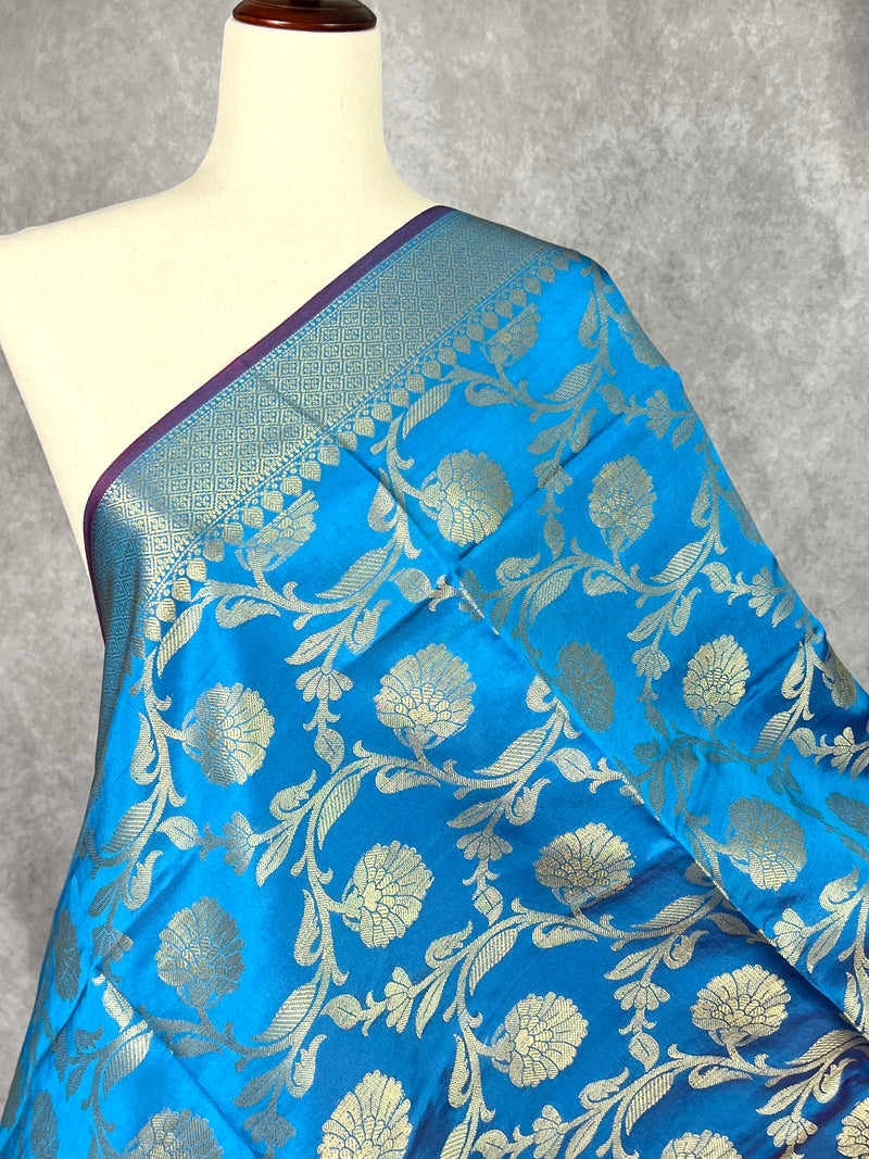 Sky Blue Handmade Floral Jaal Muted Gold Zari Banarasi Weaved Dupatta  | Floral Silk Dupatta | | Dupattas for Gifts