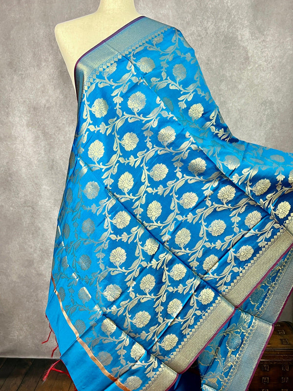 Sky Blue Handmade Floral Jaal Muted Gold Zari Banarasi Weaved Dupatta | Floral Silk Dupatta | | Dupattas for Gifts - Kaash