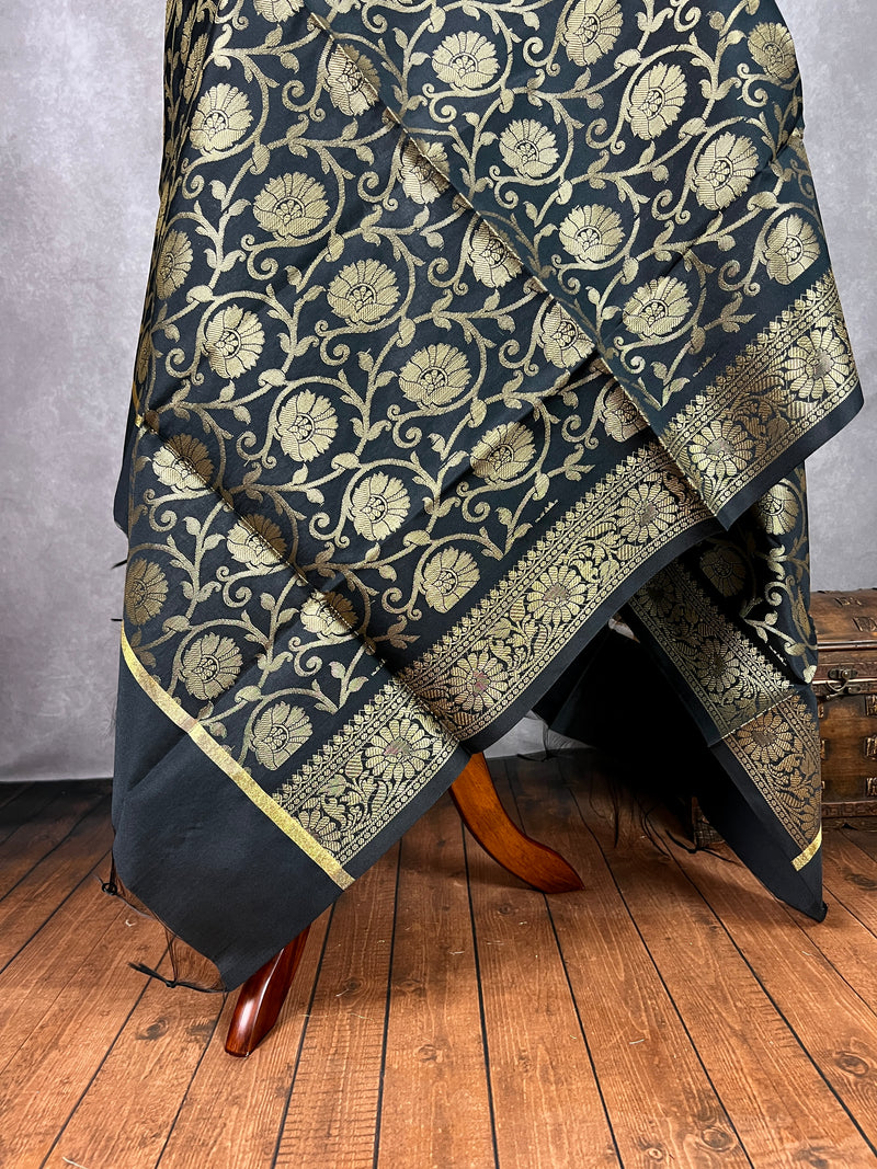 Black Floral Jaal Muted Gold Zari Weaved Dupatta  | Floral Silk Dupatta | Zari Work | Dupatta | Stole | Scarf | Dupattas for Gifts