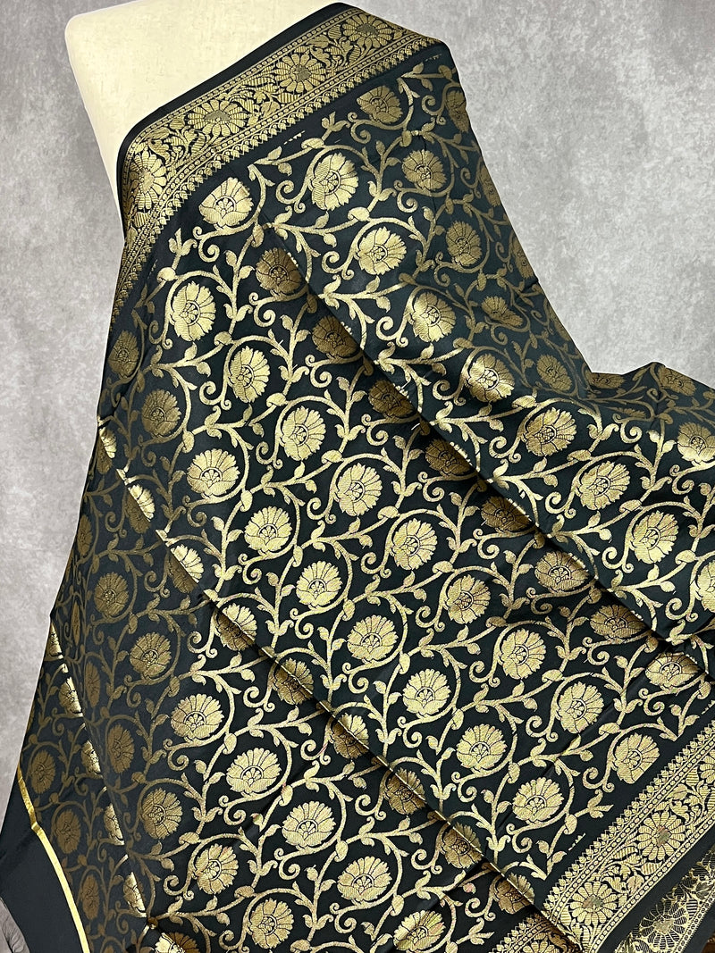 Black Floral Jaal Muted Gold Zari Weaved Dupatta  | Floral Silk Dupatta | Zari Work | Dupatta | Stole | Scarf | Dupattas for Gifts