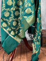 Bottle Green Floral Jaal Muted Gold Zari Weaved Dupatta  | Floral Silk Dupatta | Zari Work | Dupatta | Stole | Scarf | Dupattas for Gifts