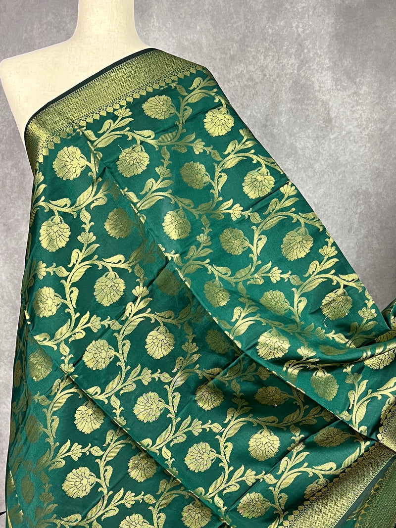 Bottle Green Floral Jaal Muted Gold Zari Weaved Dupatta  | Floral Silk Dupatta | Zari Work | Dupatta | Stole | Scarf | Dupattas for Gifts
