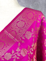 Hot Pink Soft Silk floral Banarasi Dupatta with Gold Zari Weaving | Handmade Dupattas | Banarasi Soft Silk Dupattas | Dupatta for Lehenga